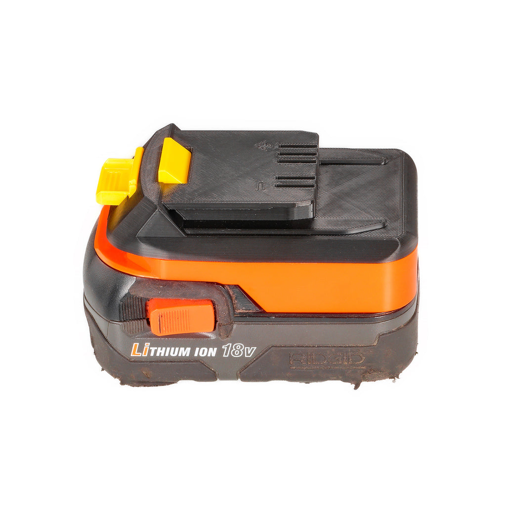 AEG 18V to WEN 20V battery adapter - seated on a battery pack, WEN tool-side connection facing up