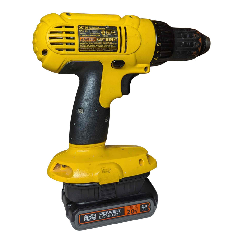 Black and Decker 20V to DeWalt 18V Ni-Cd battery adapter - installed on a drill with the battery attached below