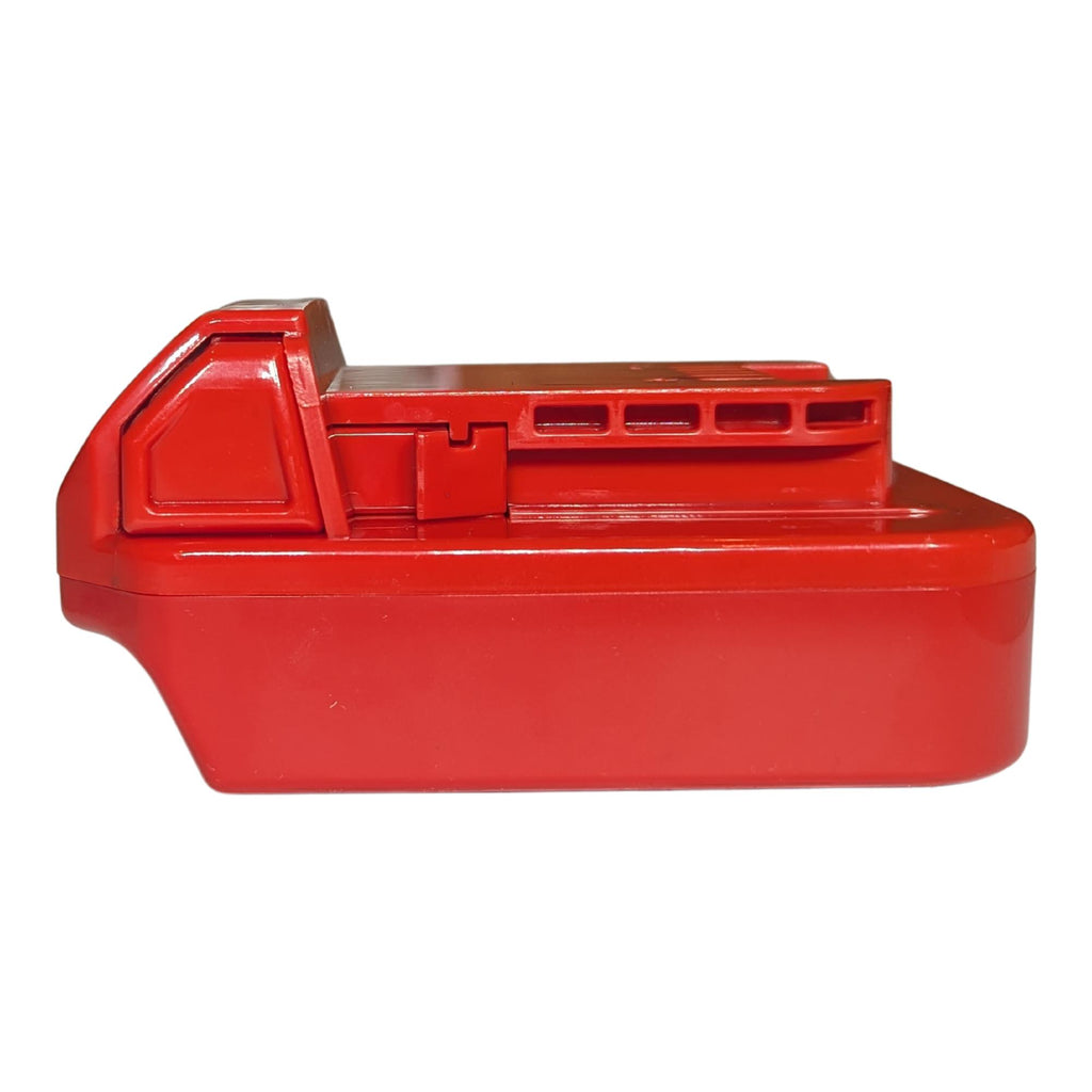 Black and Decker 20V to Milwaukee M18 battery adapter - side view showing the tool-side rail block and terminal slots