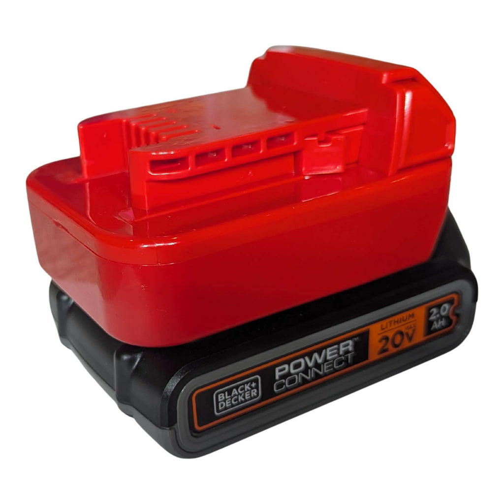 Black and Decker 20V to Milwaukee M18 battery adapter - fitted to the Black and Decker 20V battery, tool-side rails upward