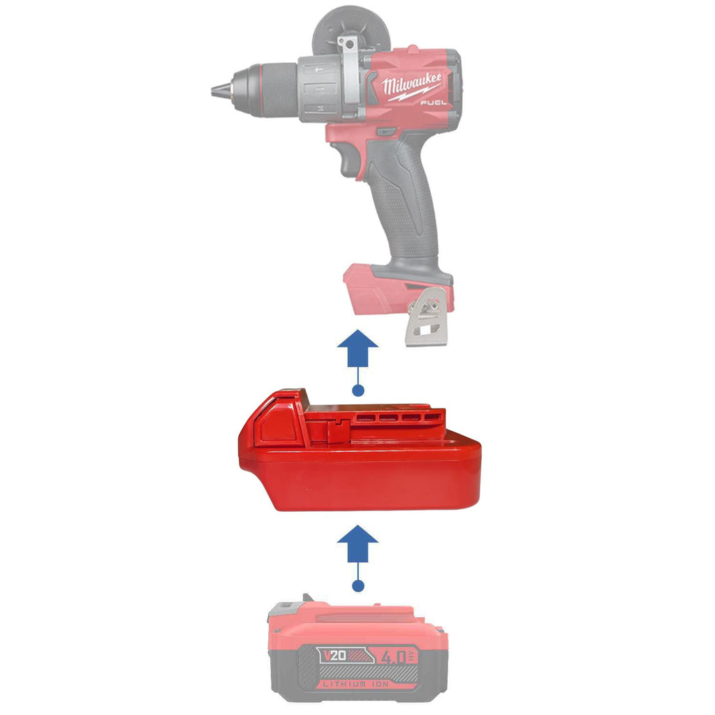 Craftsman 20V to Milwaukee M18 battery adapter - compatibility diagram showing battery, adapter and drill