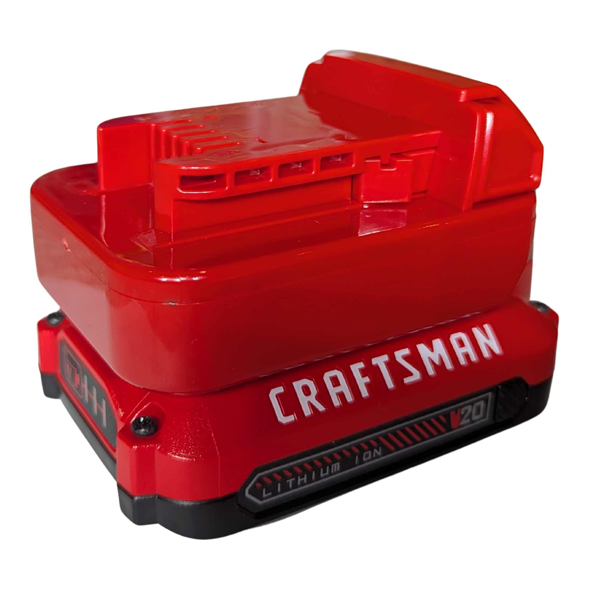Craftsman 20V to Milwaukee M18 battery adapter - fitted to the Craftsman 20V battery, tool-side rails and terminal slots up