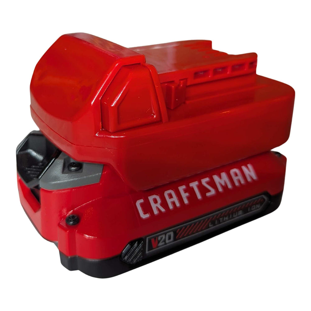 Craftsman 20V to Milwaukee M18 battery adapter - fitted to the Craftsman 20V battery, tool-side rails and terminal slots up
