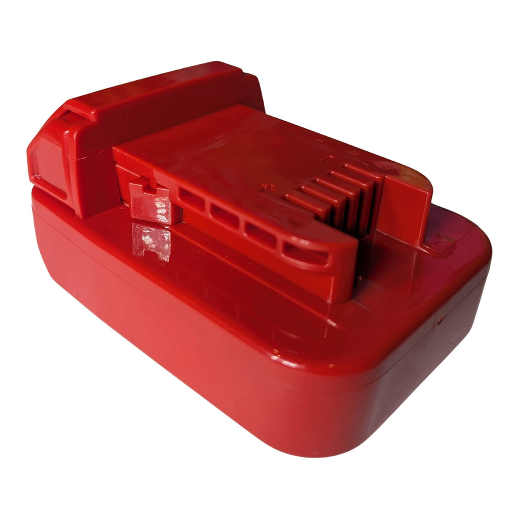 Craftsman 20V to Milwaukee M18 battery adapter - three-quarter view of the Milwaukee tool-side rails and terminal slots