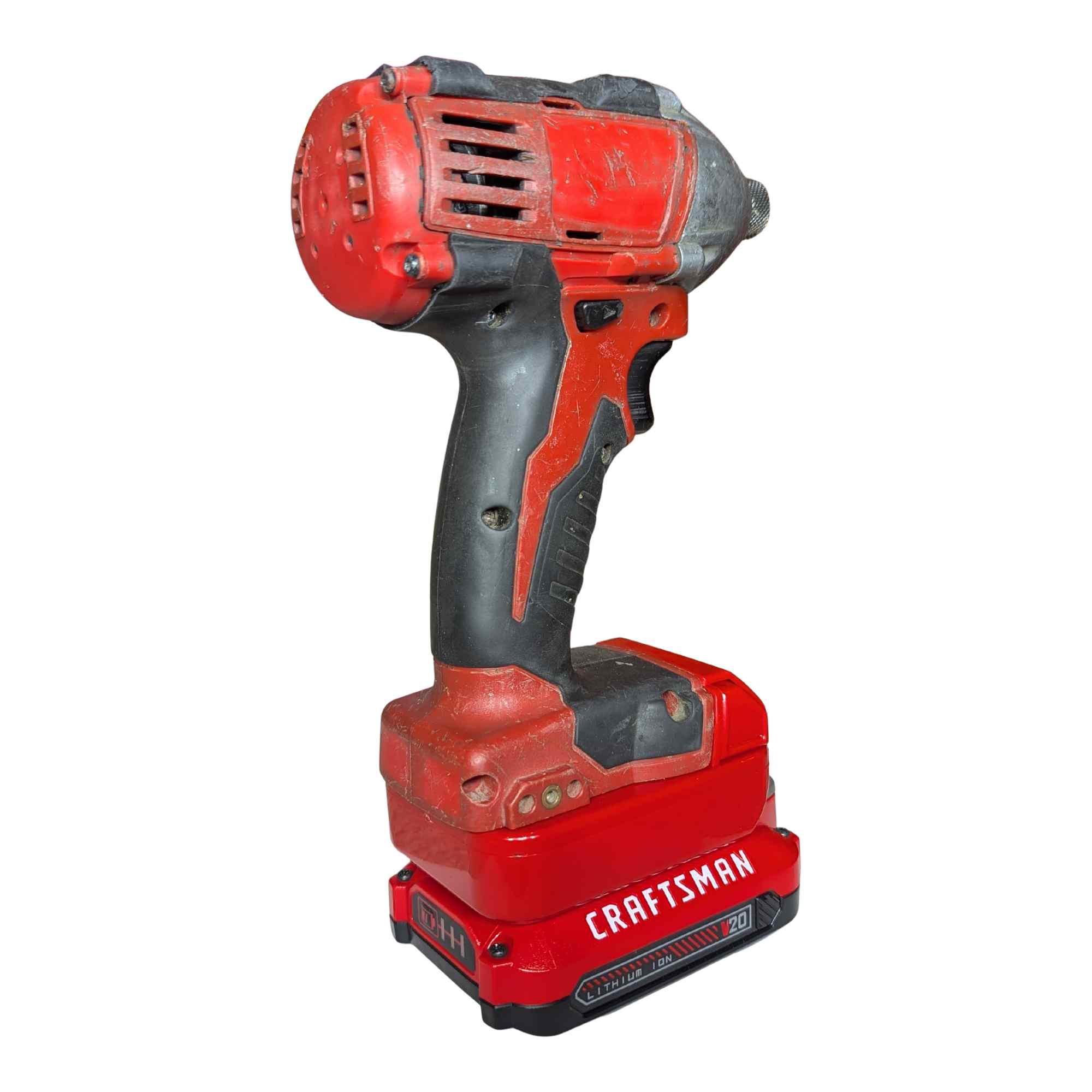 Craftsman 20V to Milwaukee M18 battery adapter - rear view of the impact driver installed on the adapter and battery