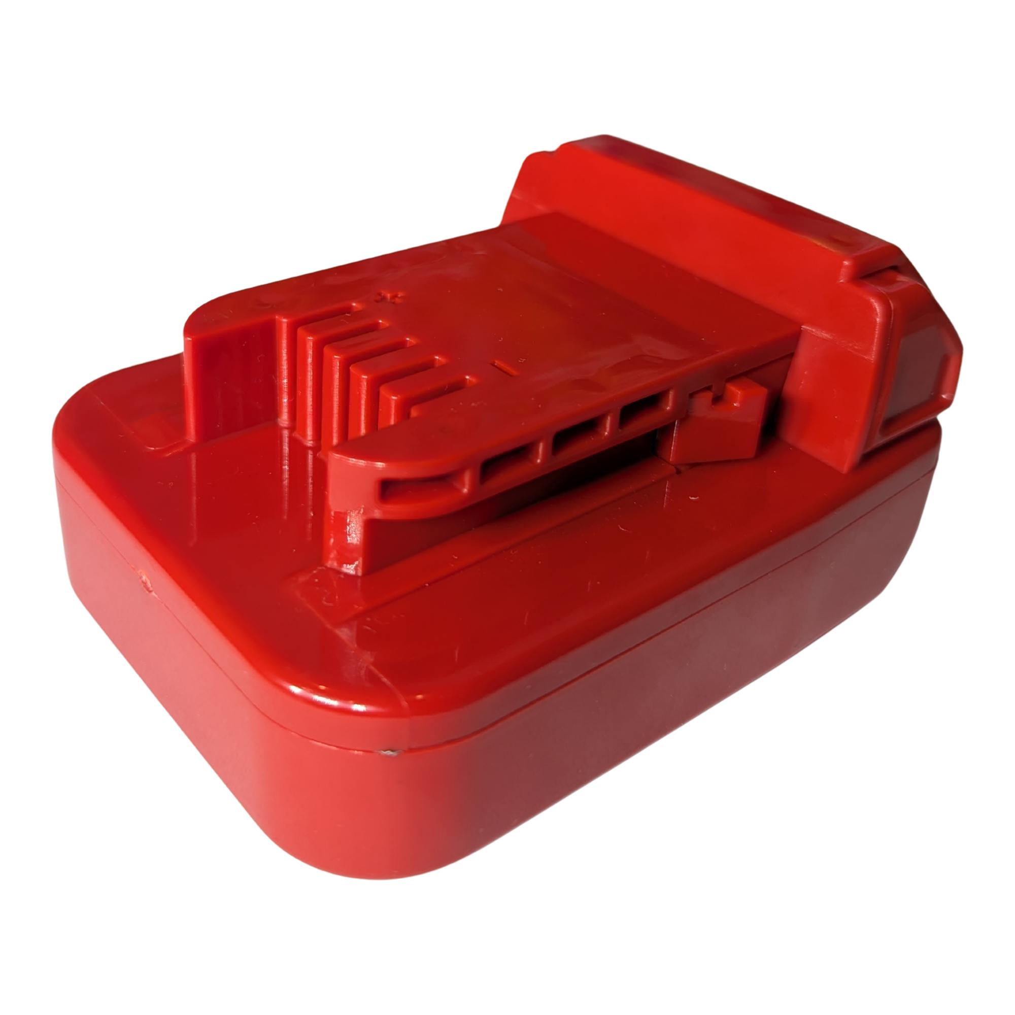 Craftsman 20V to Milwaukee M18 battery adapter - rear three-quarter view of the Milwaukee tool-side connection and rails