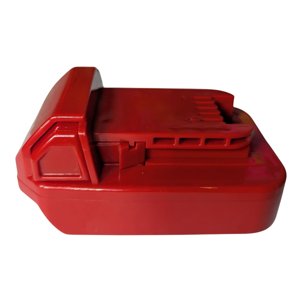Craftsman 20V to Milwaukee M18 battery adapter - side view of the bare adapter, release button and tool-side rails