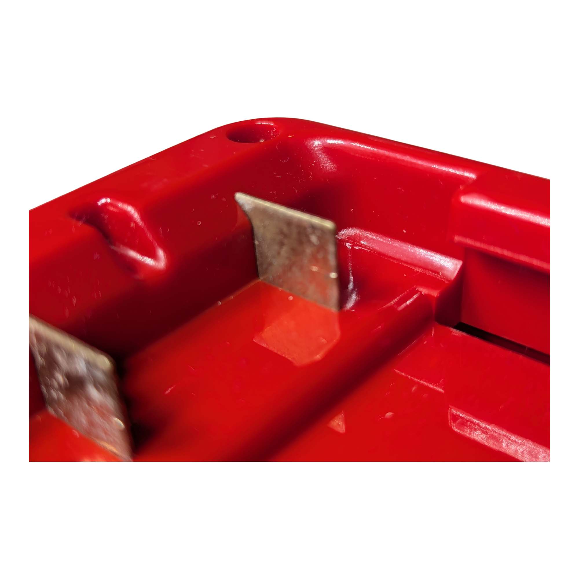 Craftsman 20V to Milwaukee M18 battery adapter - close-up of the battery-side connection with twin copper blades