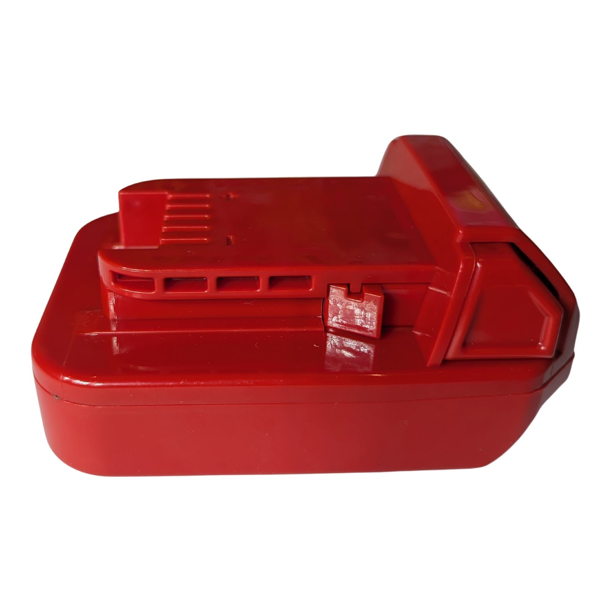 Craftsman 20V to Milwaukee M18 battery adapter - side view showing the tool-side rails, terminal slots and release button