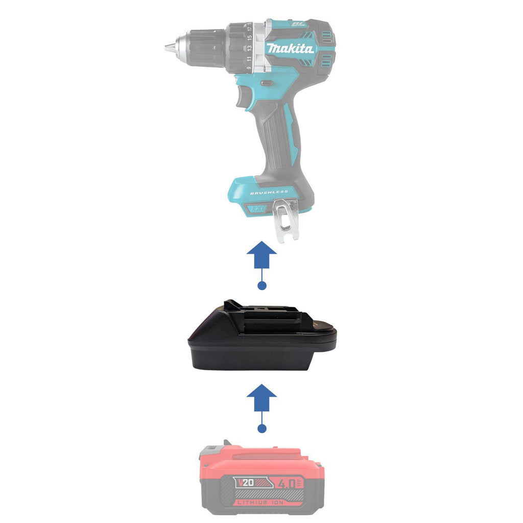 Craftsman 20V to Makita 18V LXT battery adapter - compatibility diagram showing battery, adapter and drill/driver