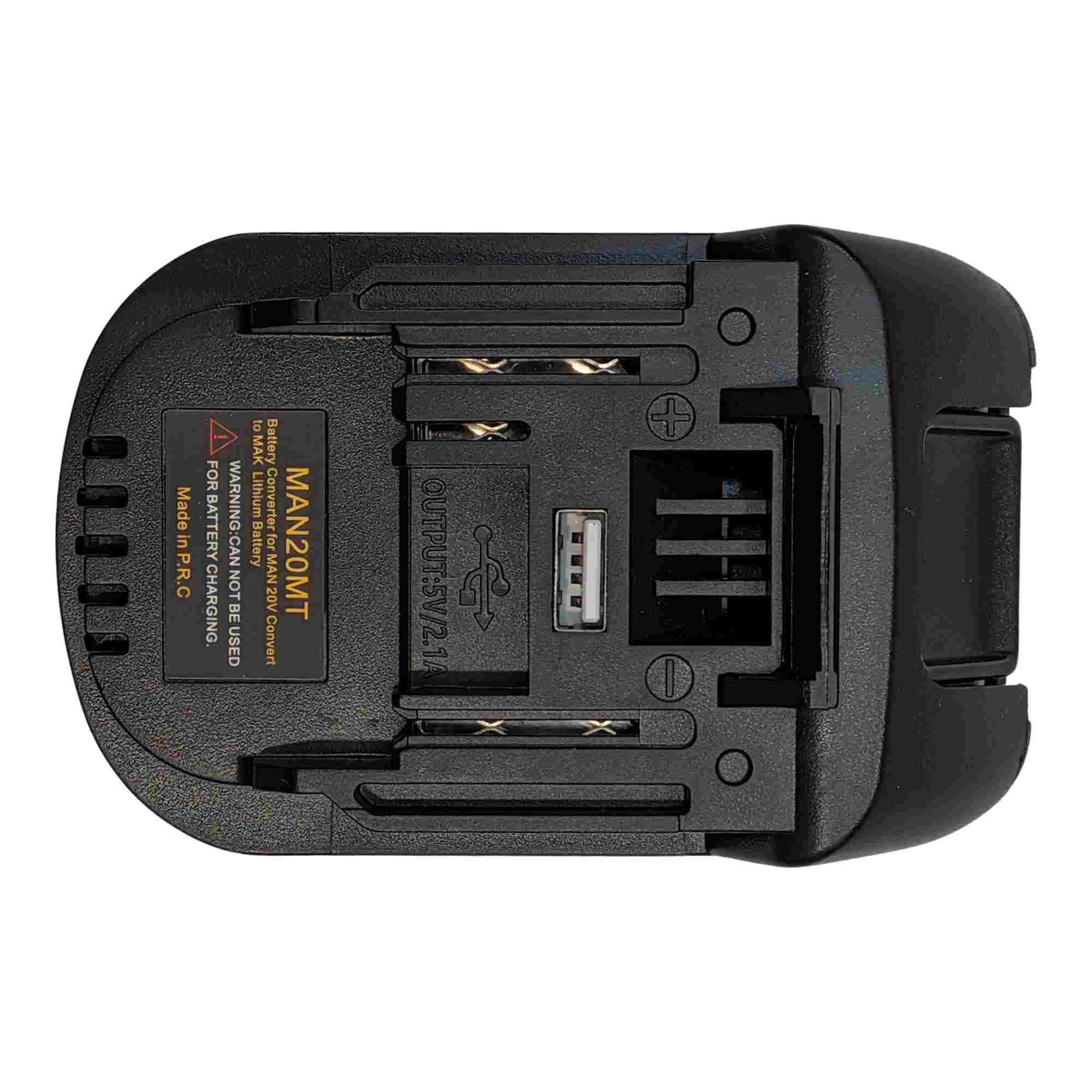 Craftsman 20V to Makita 18V LXT battery adapter - Makita tool-side connection, USB-A socket marked 5V 2.1A, warning label