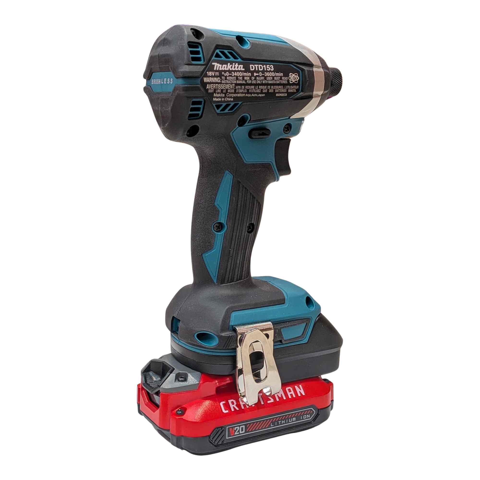 Craftsman 20V to Makita 18V LXT battery adapter - fitted to the battery, impact driver installed, Makita tool-side connection