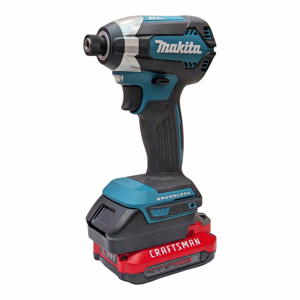 Craftsman 20V to Makita 18V LXT battery adapter - fitted to the battery, impact driver installed, Makita tool-side connection