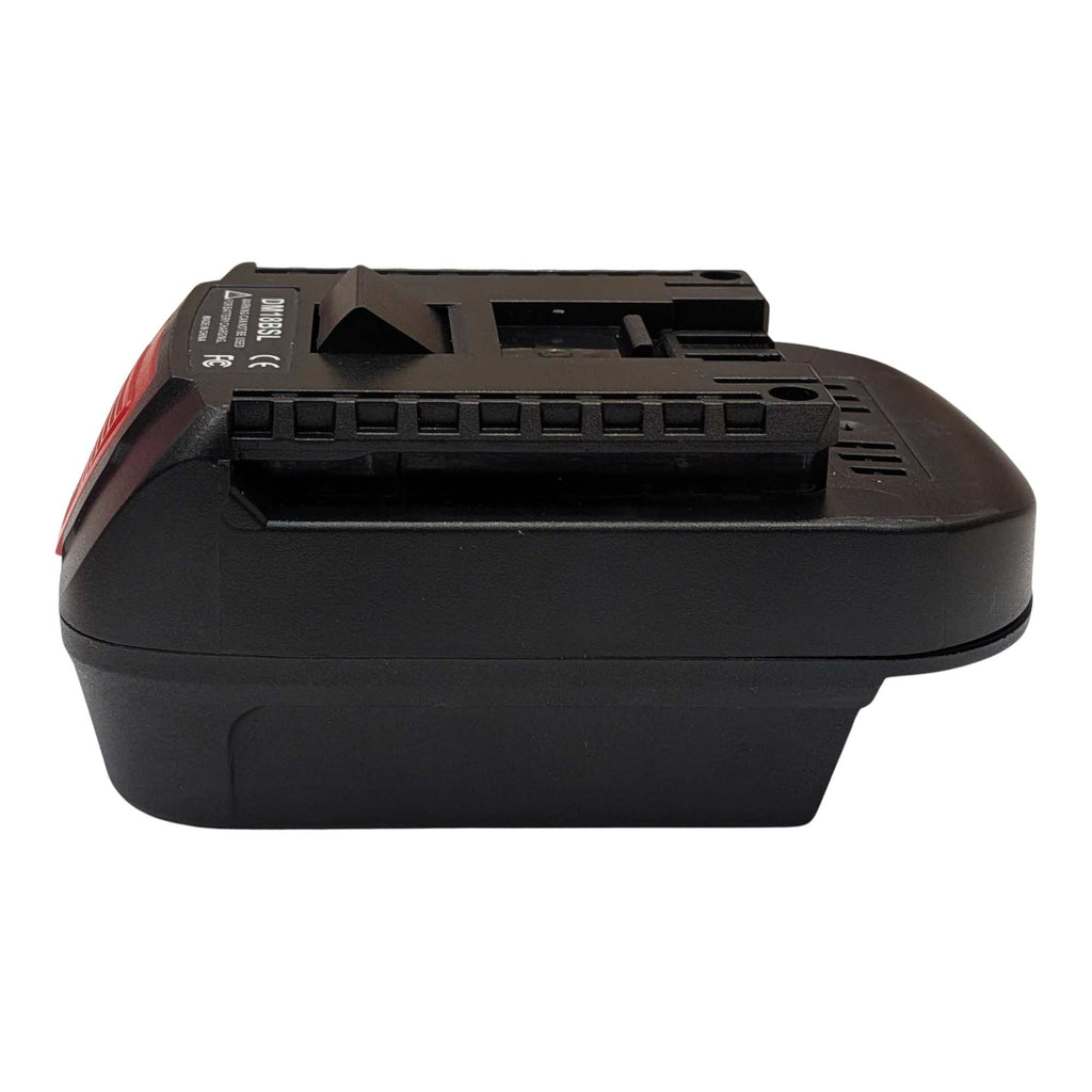 DeWalt 20V MAX to Bosch 18V GBA (Blue) battery adapter - side view with the tool-side rails and the release catch edge-on
