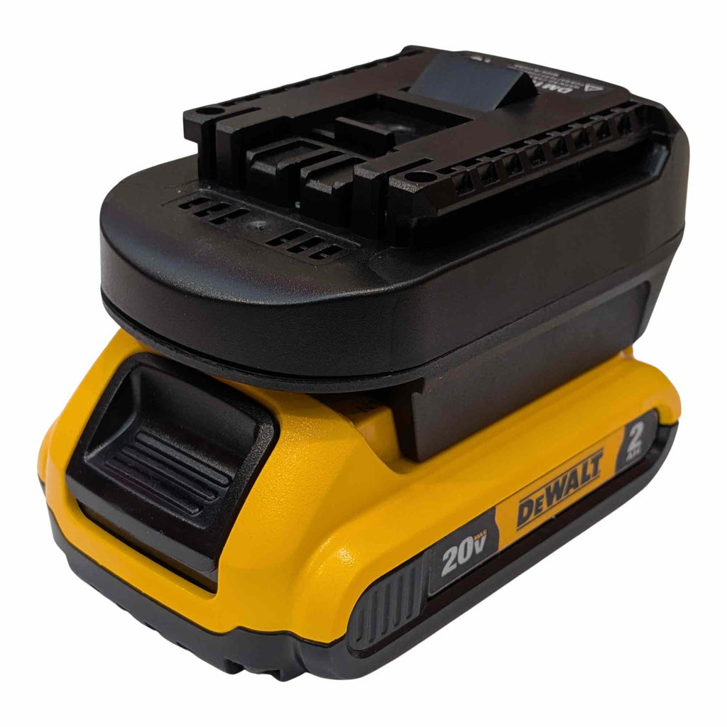 DeWalt 20V MAX to Bosch 18V GBA (Blue) battery adapter - fitted to the DeWalt 20V MAX battery, Bosch tool-side rails upward