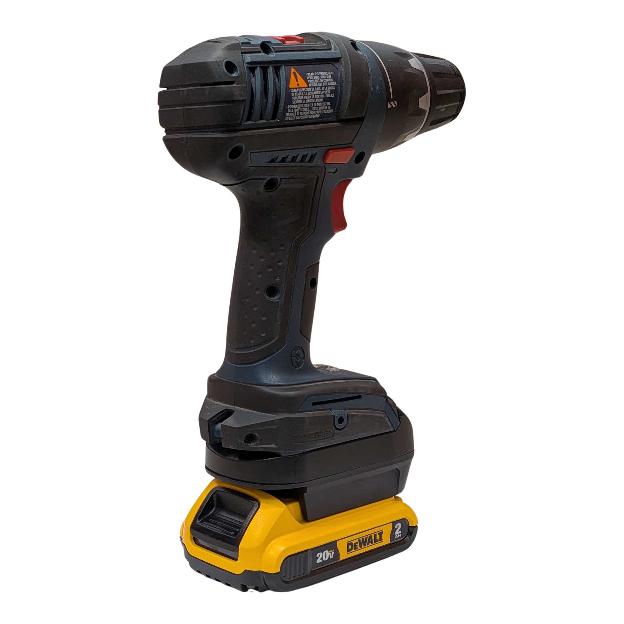 DeWalt 20V MAX to Bosch 18V GBA (Blue) battery adapter - installed on the drill above the battery, opposite side view
