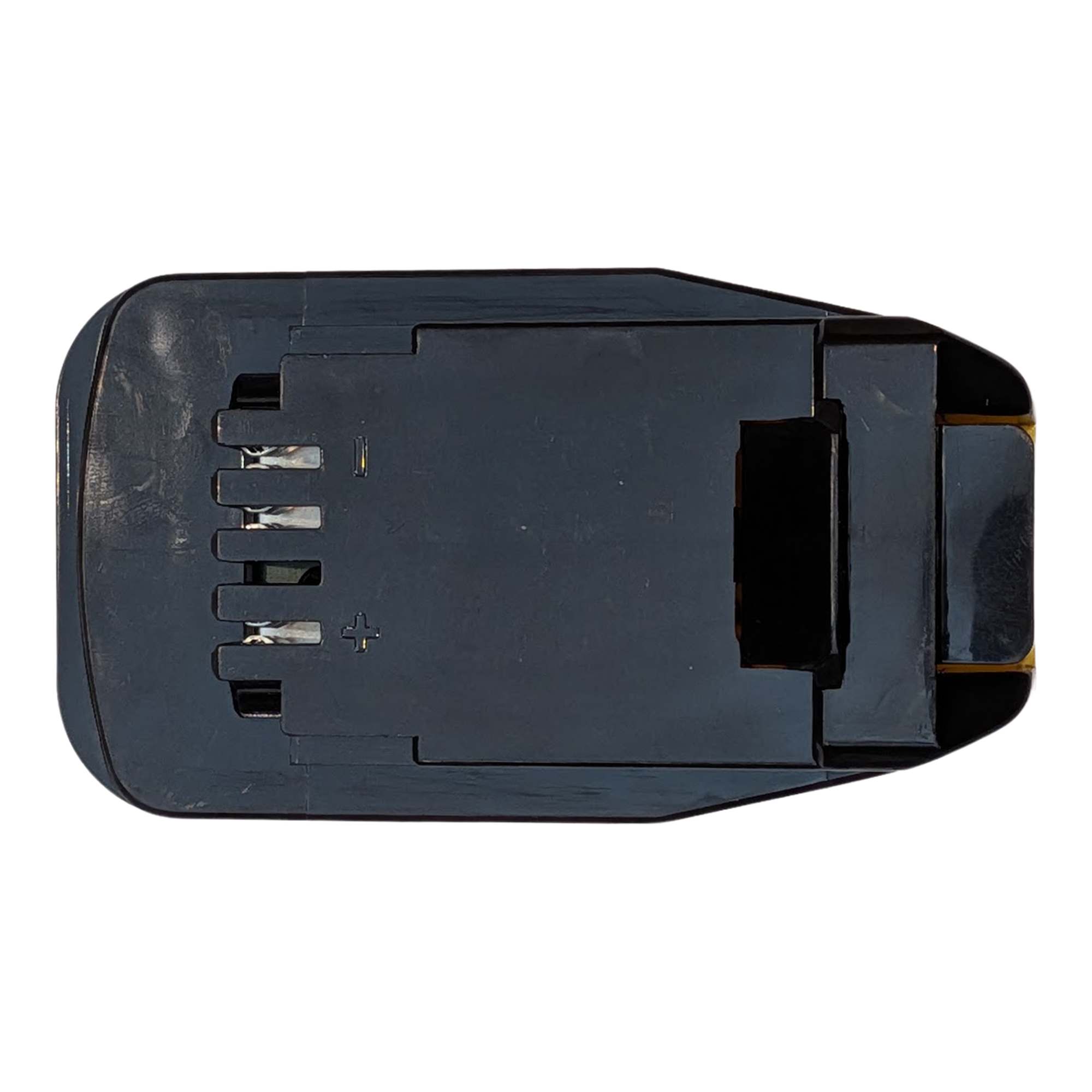 DeWalt 20V MAX to Porter Cable 20V battery adapter - tool-side face with four contacts and + and - marks