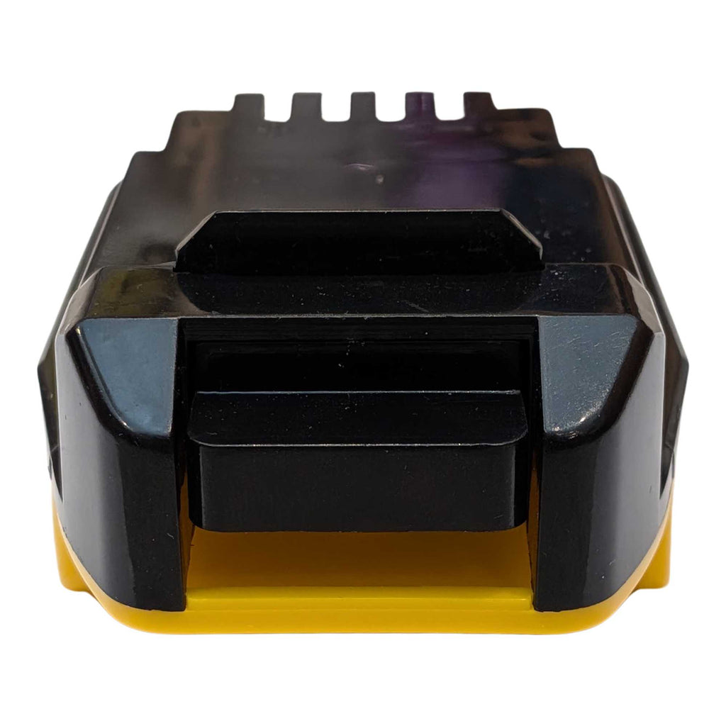 DeWalt 20V MAX to Porter Cable 20V battery adapter - end view of the tool-side plate above the yellow base