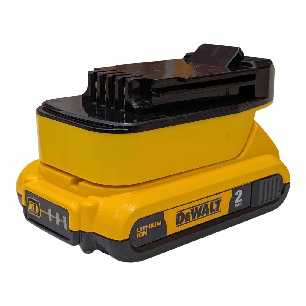 DeWalt 20V MAX to Porter Cable 20V battery adapter - fitted to the DeWalt 20V MAX battery, tool-side rail in view