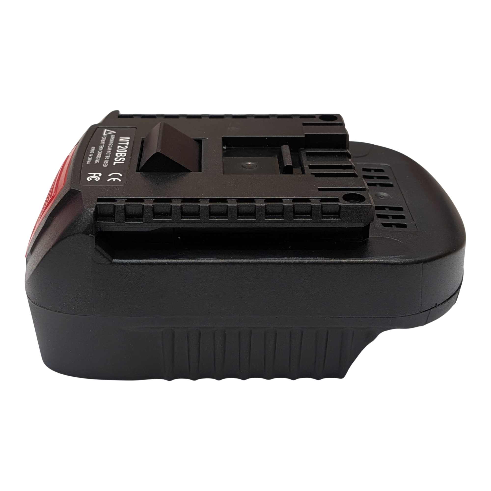 Makita 18V LXT to Bosch 18V GBA (Blue) battery adapter - Bosch-side rail and rating label, angled