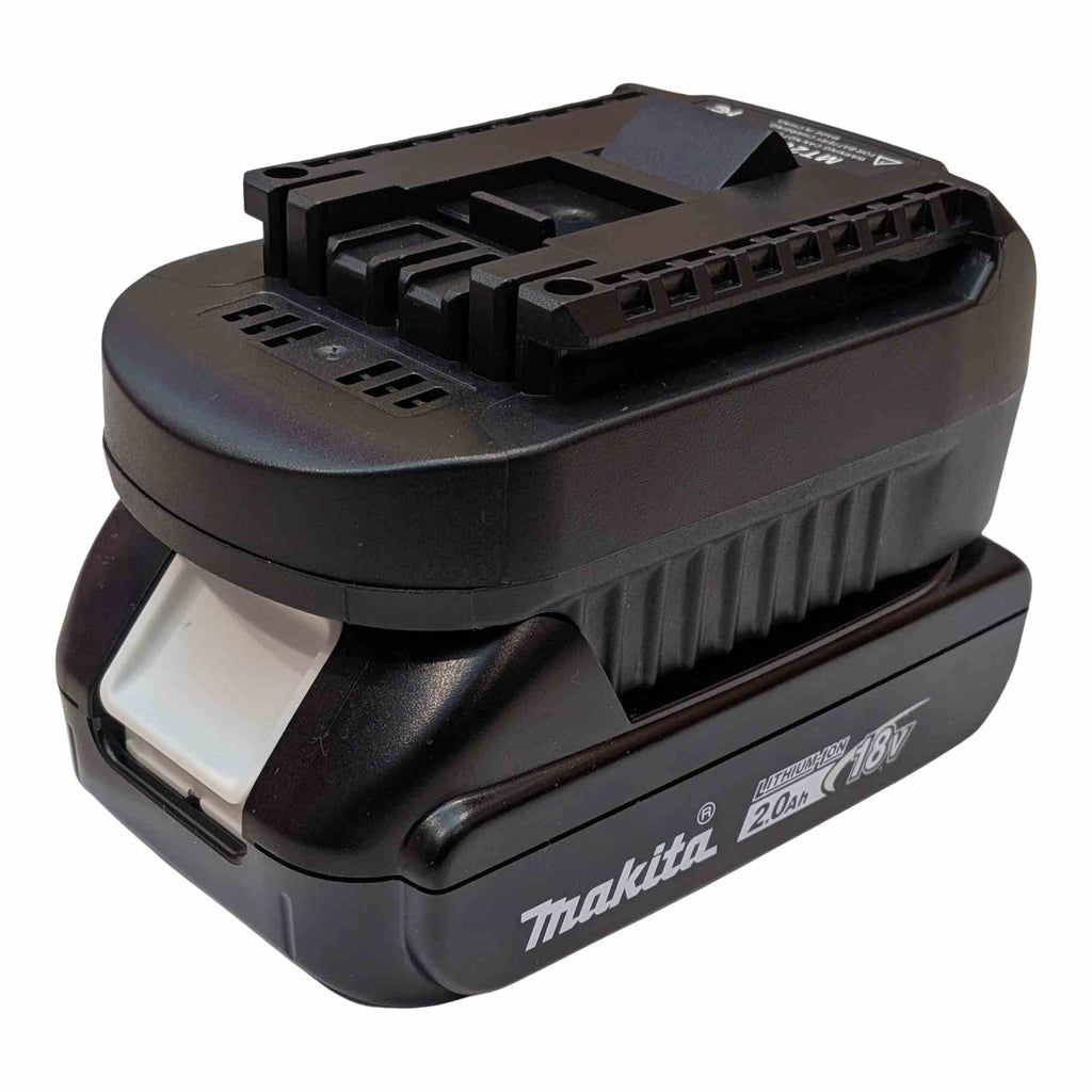 Makita 18V LXT to Bosch 18V GBA (Blue) battery adapter - fitted to the Makita 18V LXT battery, Bosch-side rail facing up