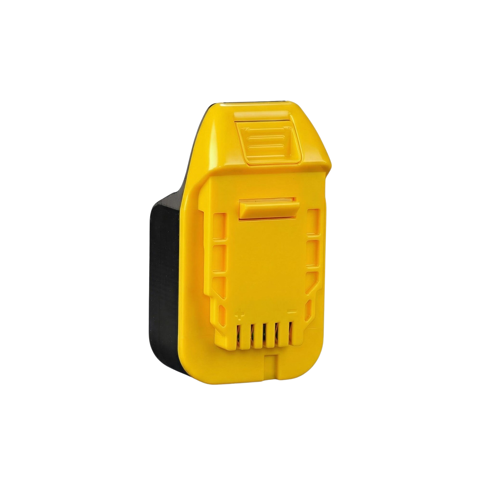 Masterforce 20V to DeWalt 20V MAX battery adapter - DeWalt tool-side connection face-on, copper contacts in four slots
