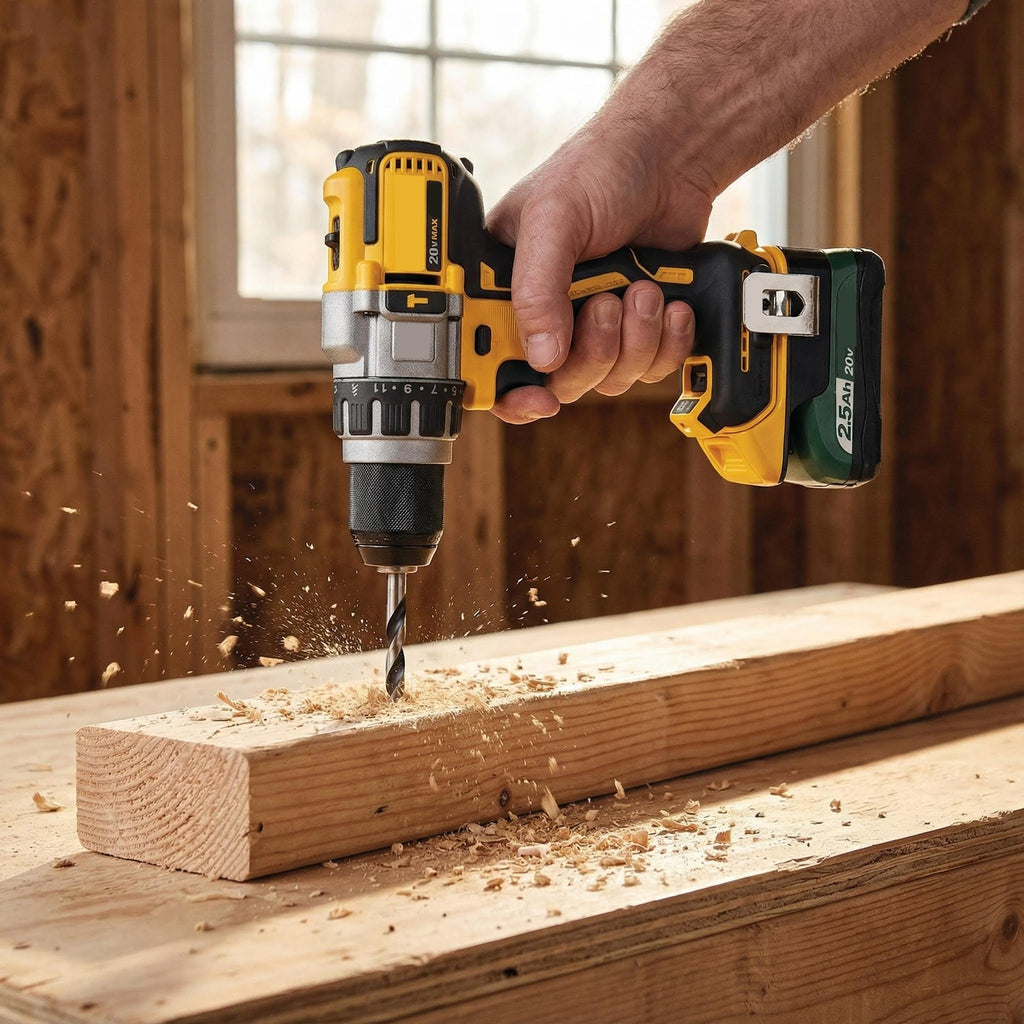 Masterforce 20V to DeWalt 20V MAX battery adapter - installed on a hammer drill drilling a board, seated on a battery pack