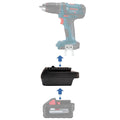 Milwaukee M18 to Bosch 18V GBA (Blue) battery adapter - compatibility diagram showing battery, adapter and drill driver
