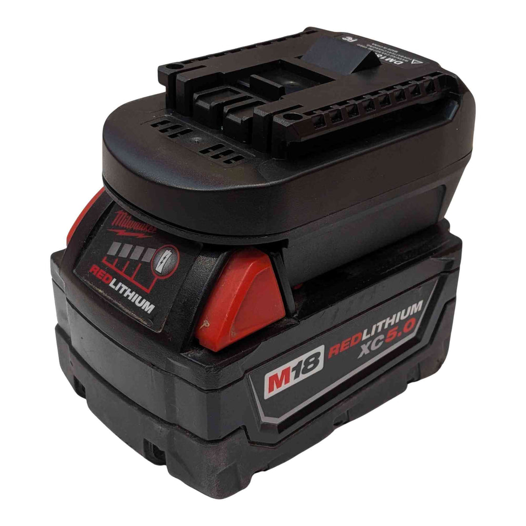 Milwaukee M18 to Bosch 18V GBA (Blue) battery adapter - fitted to the Milwaukee M18 battery, tool-side connection upward