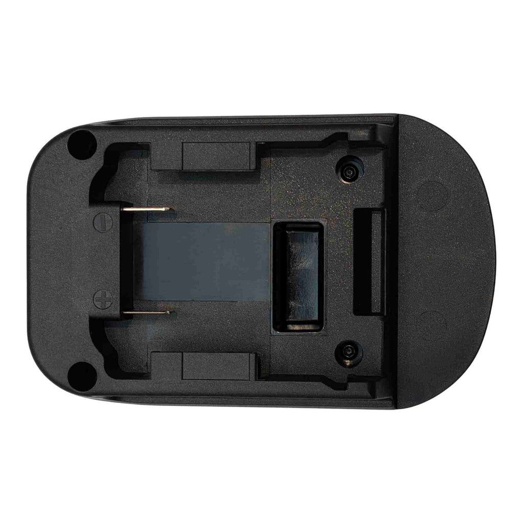 Milwaukee M18 to Bosch 18V GBA (Blue) battery adapter - plan view of the battery-side connection with polarity marks