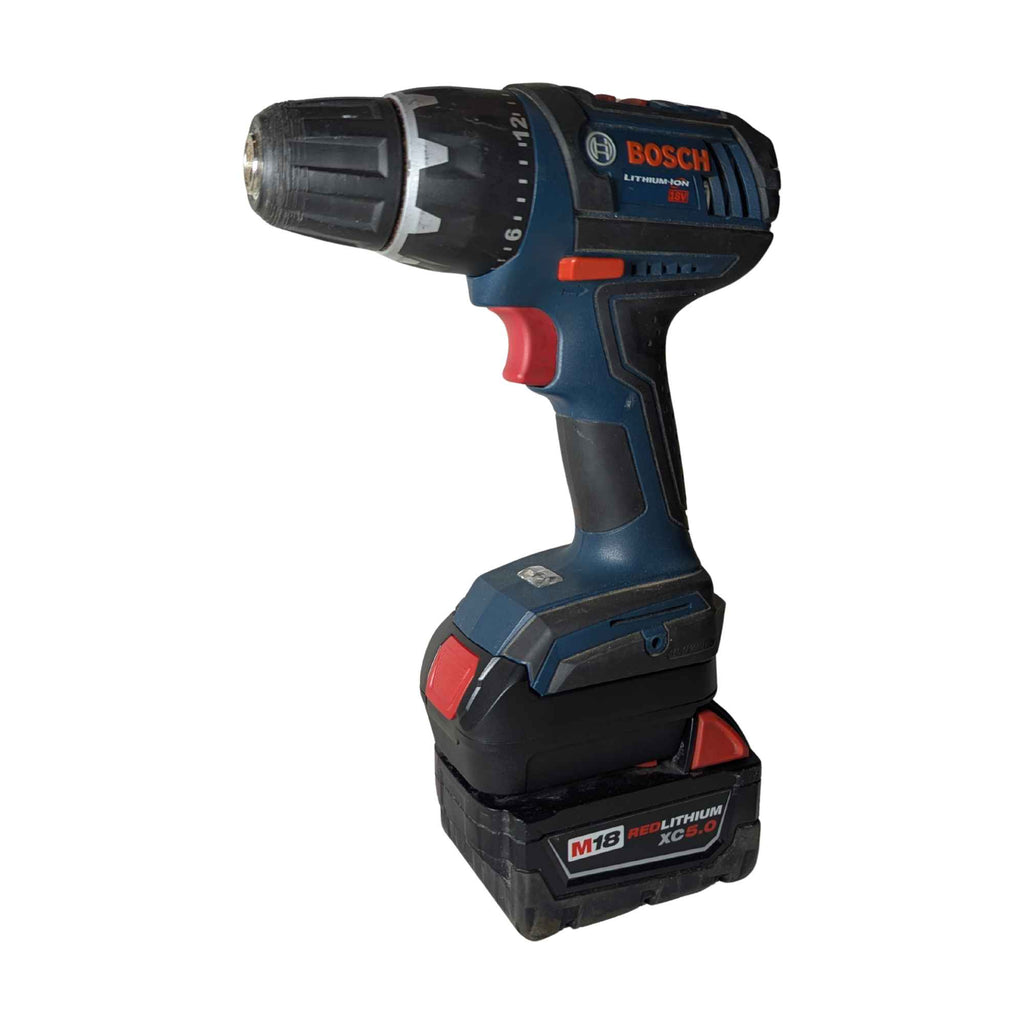 Milwaukee M18 to Bosch 18V GBA (Blue) battery adapter - installed on a drill driver with the battery fitted below