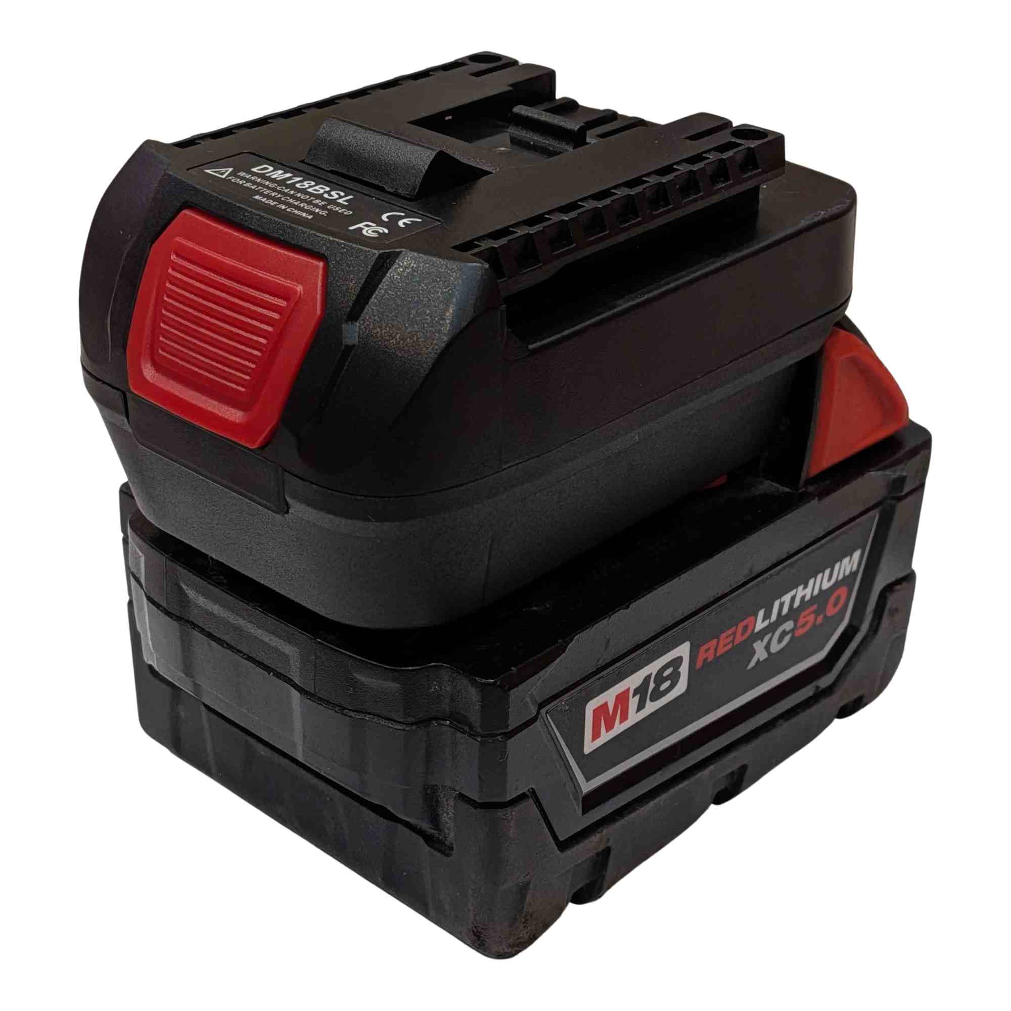 Milwaukee M18 to Bosch 18V GBA (Blue) battery adapter - fitted to the Milwaukee M18 battery, release button on the side