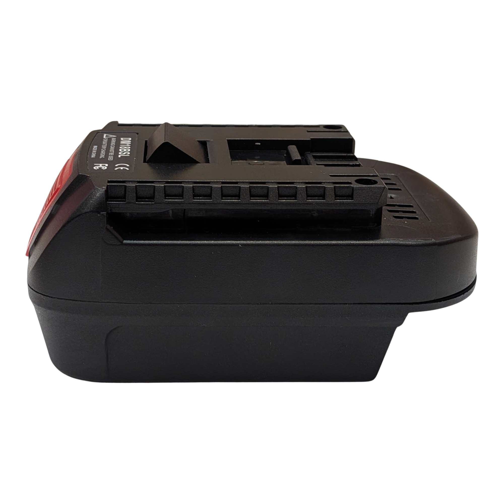 Milwaukee M18 to Bosch 18V GBA (Blue) battery adapter - side view with the tool-side rails and the release catch edge-on