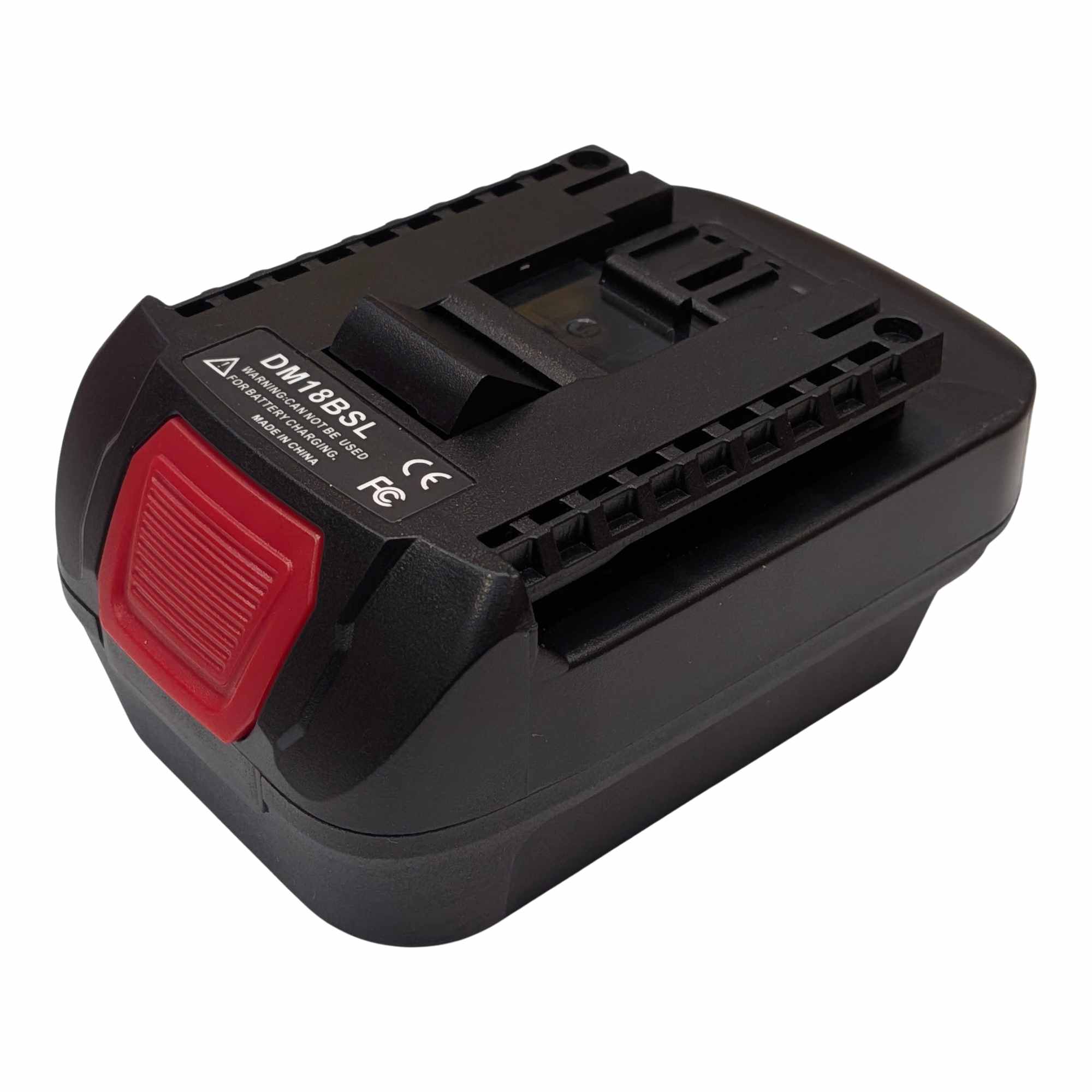 Milwaukee M18 to Bosch 18V GBA (Blue) battery adapter - tool-side connection rails, printed label and the release catch