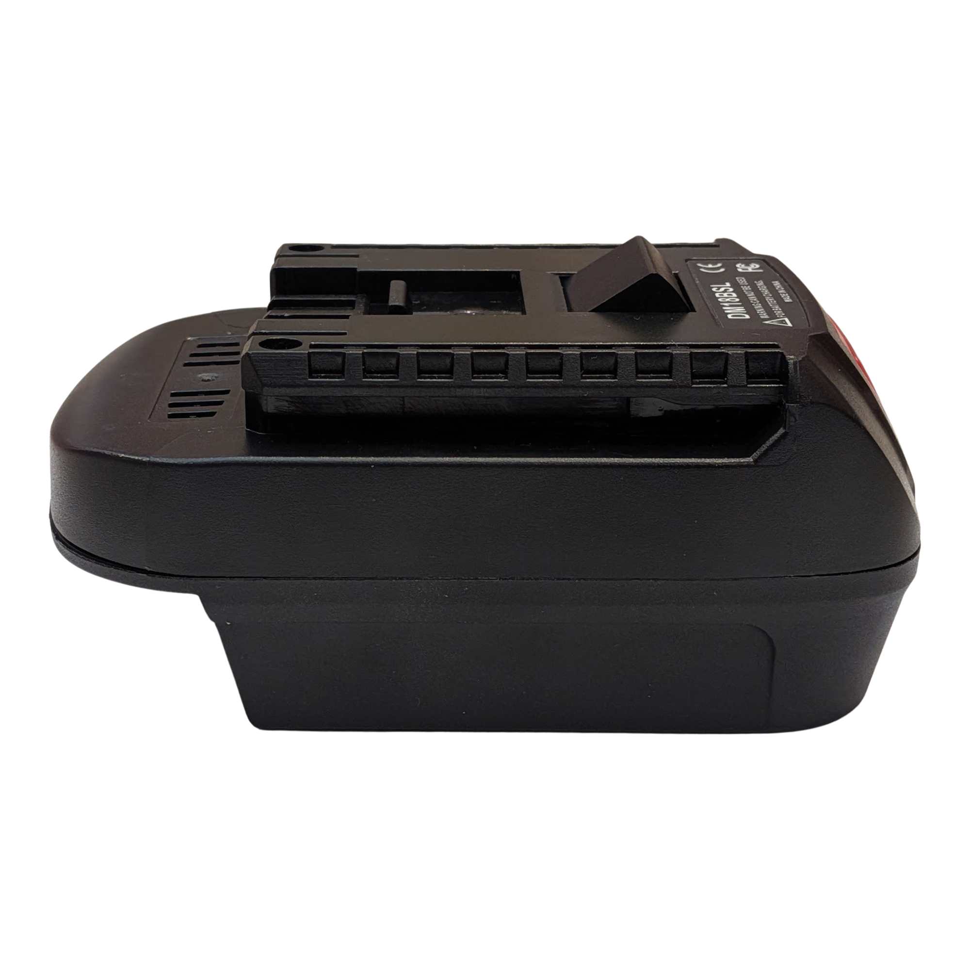 Milwaukee M18 to Bosch 18V GBA (Blue) battery adapter - side view of the tool-side rails and terminal slots