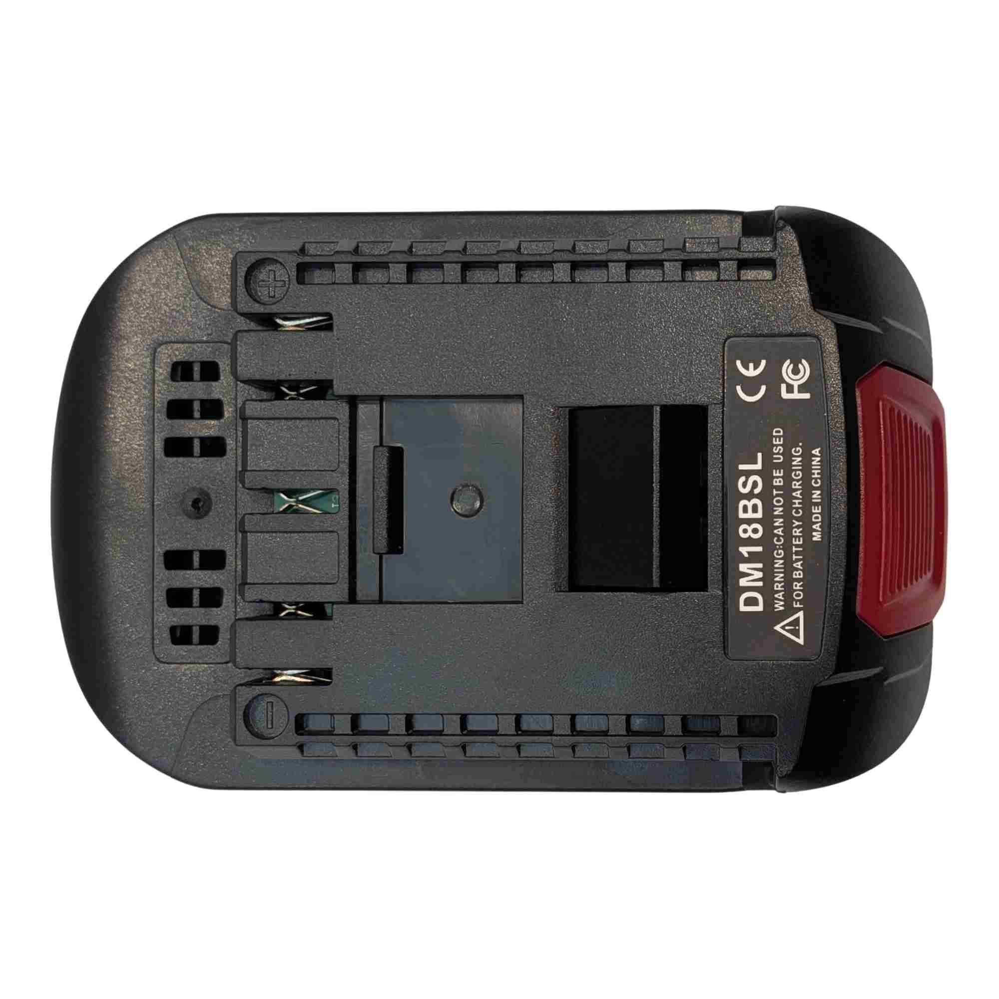 Milwaukee M18 to Bosch 18V GBA (Blue) battery adapter - plan view of the tool-side connection, rails and terminal slots