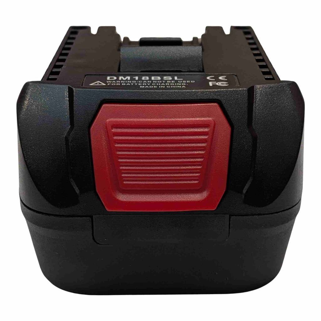 Milwaukee M18 to Bosch 18V GBA (Blue) battery adapter - front view of the ribbed release catch below the printed label