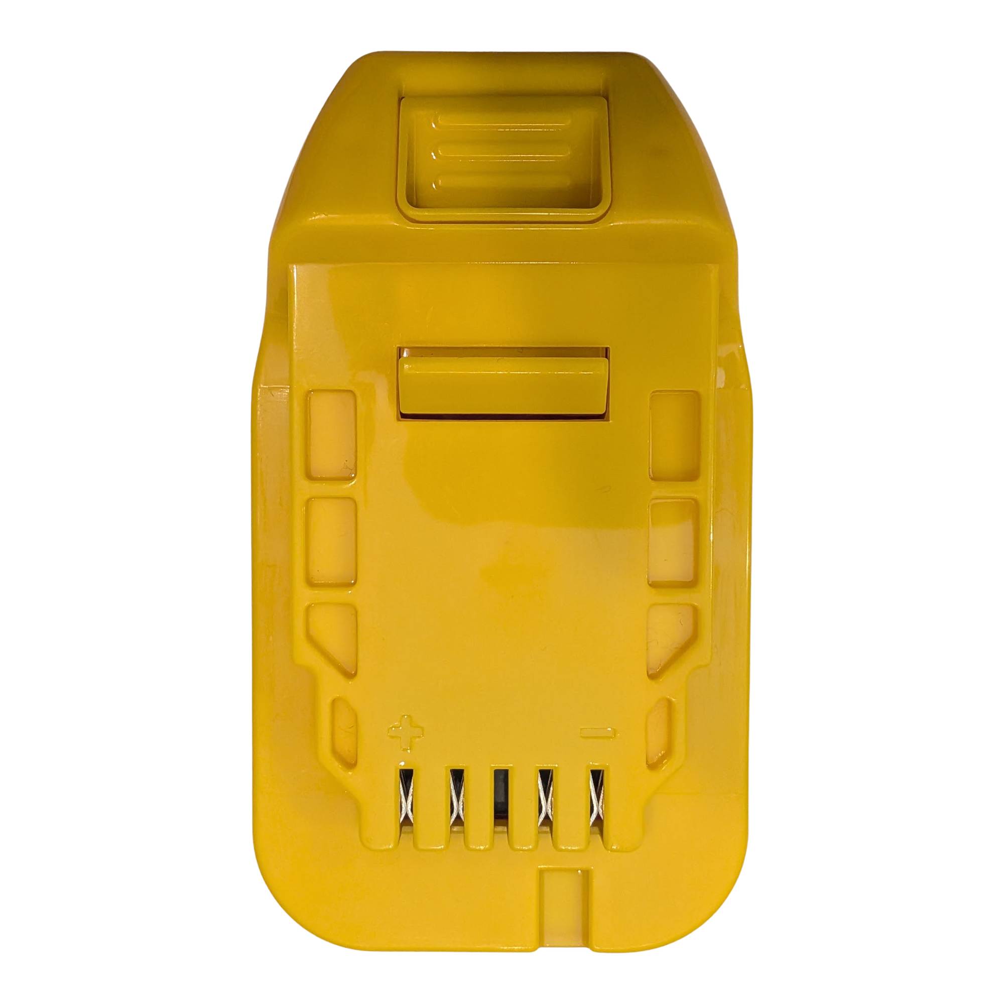 Milwaukee M18 to DeWalt 20V MAX battery adapter - yellow tool-side plate with + and - marks and four contacts