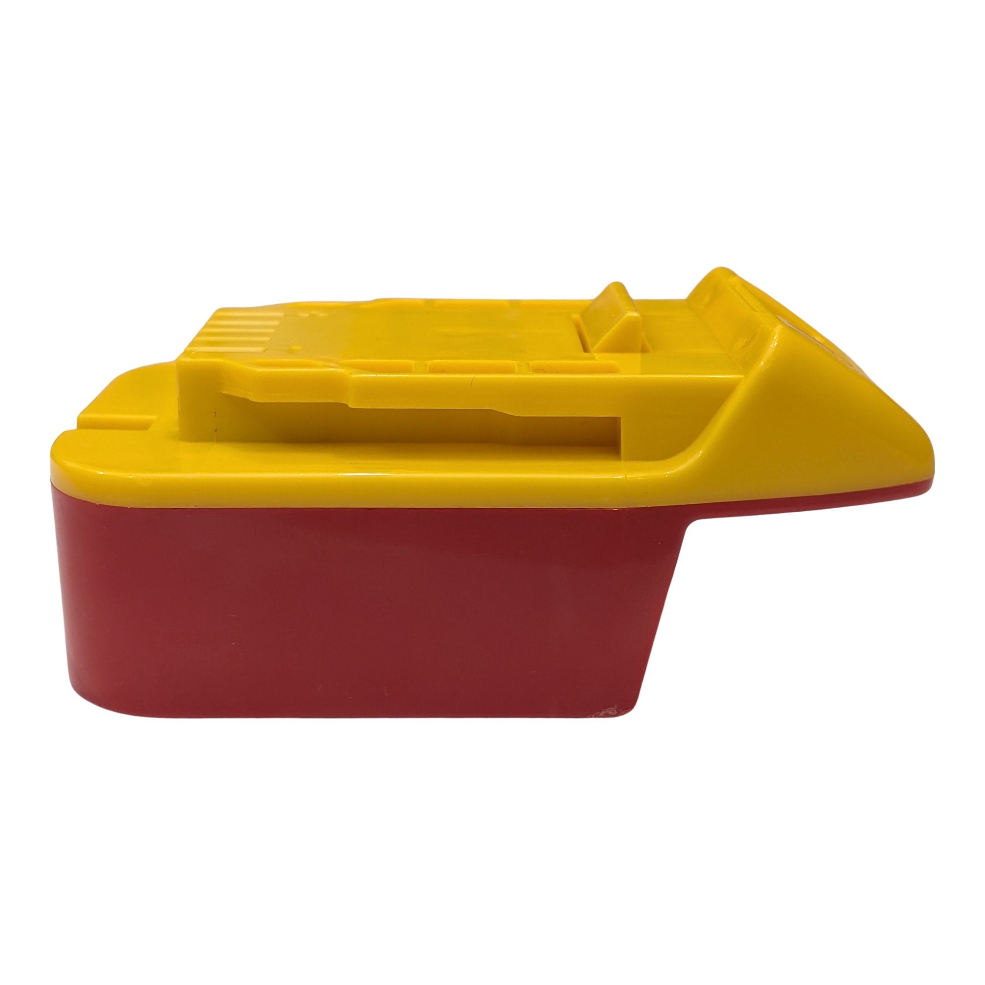 Milwaukee M18 to DeWalt 20V MAX battery adapter - side view, yellow tool plate over the red body