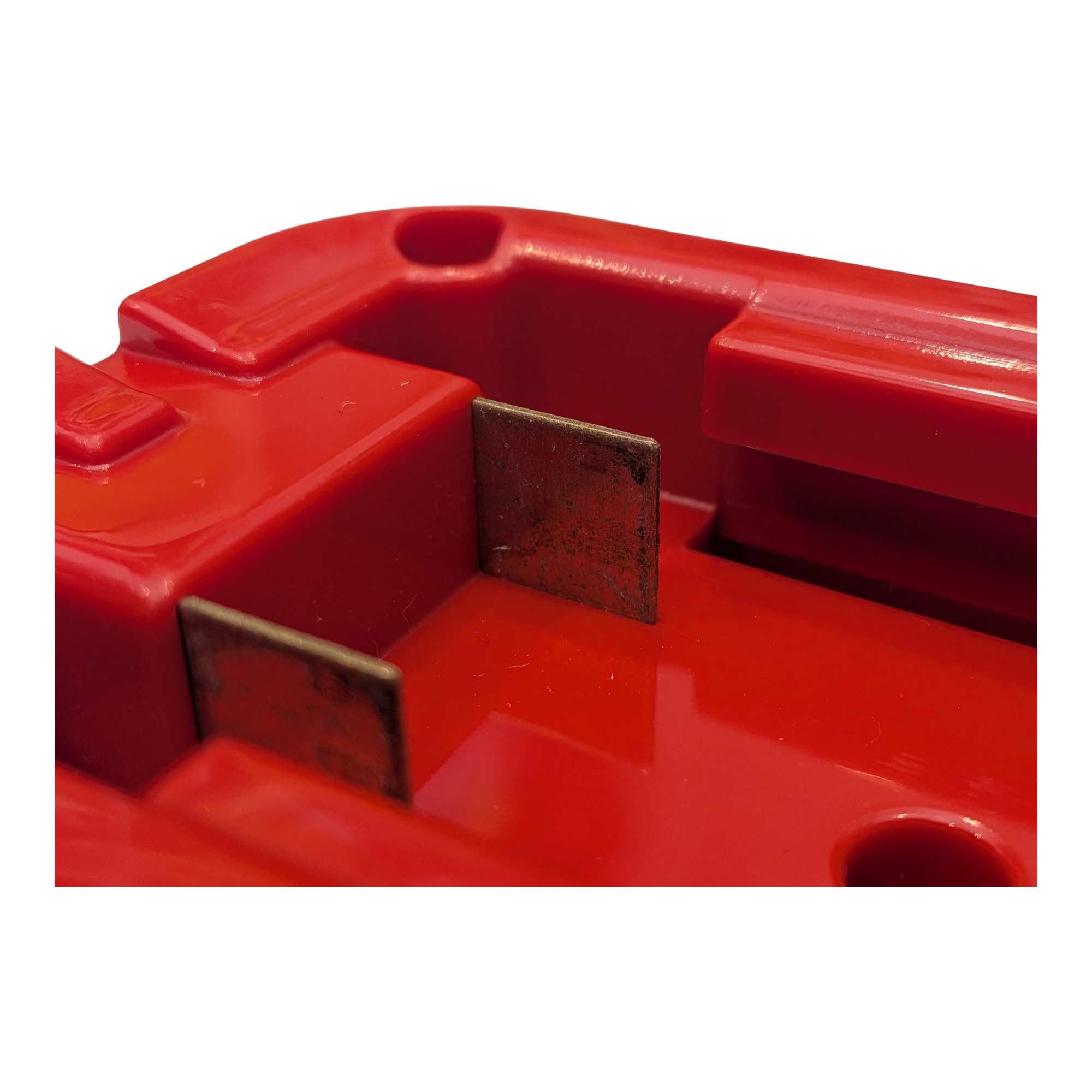 Milwaukee M18 to DeWalt 20V MAX battery adapter - close-up of the copper blades in the battery-side channel