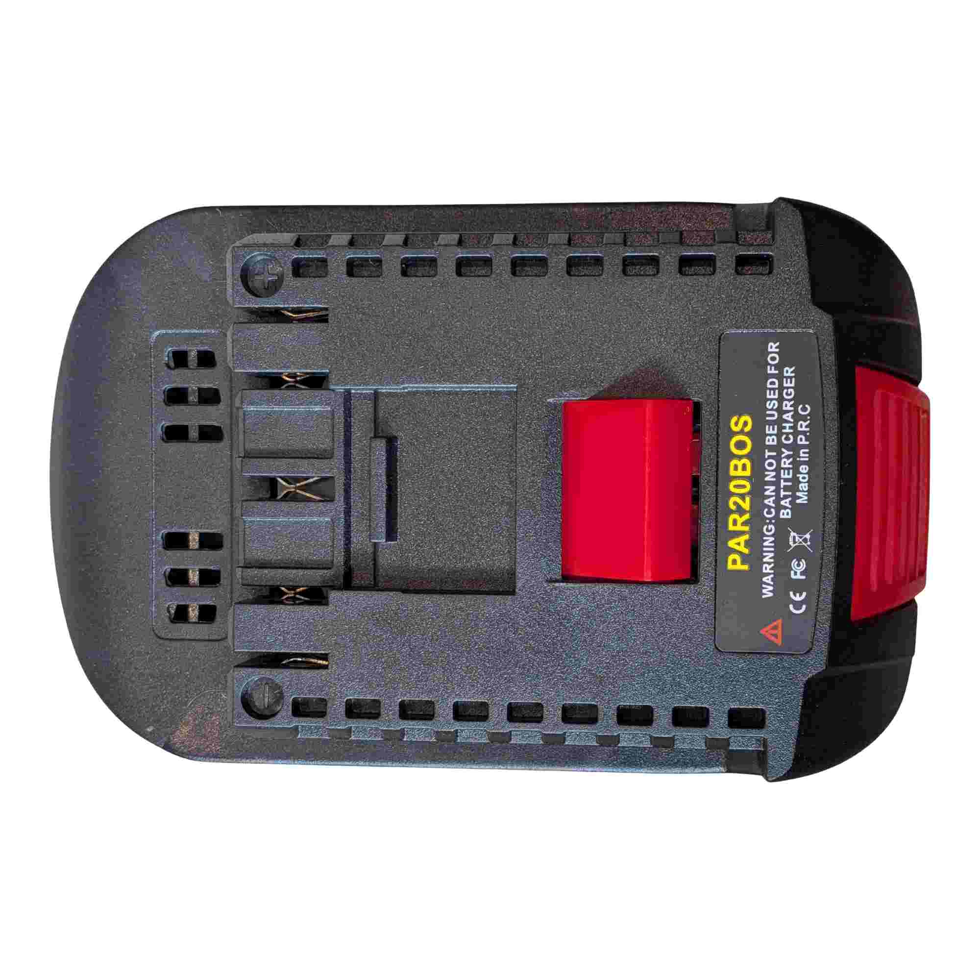 Parkside X20V to Bosch 18V GBA (Blue) battery adapter - Bosch tool-side connection, plan view with terminal slots, vents