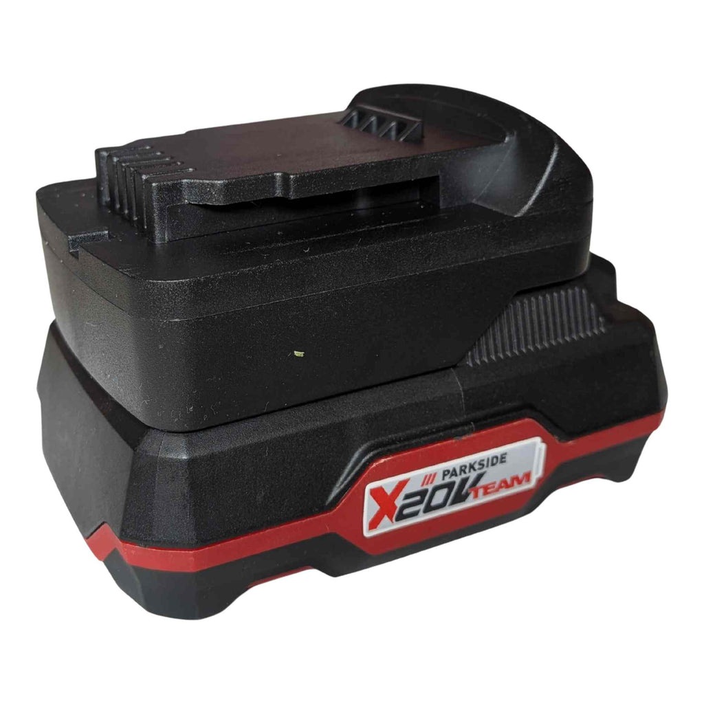 Parkside X20V to DeWalt 20V MAX battery adapter - fitted to the battery, DeWalt tool-side rail with the terminal end toward