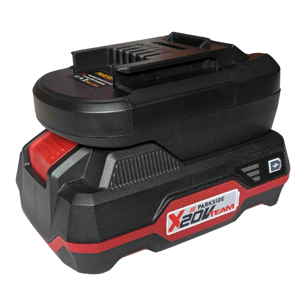Parkside X20V to Einhell 18V PXC battery adapter - fitted to the Parkside X20V battery, Einhell tool-side connection upward
