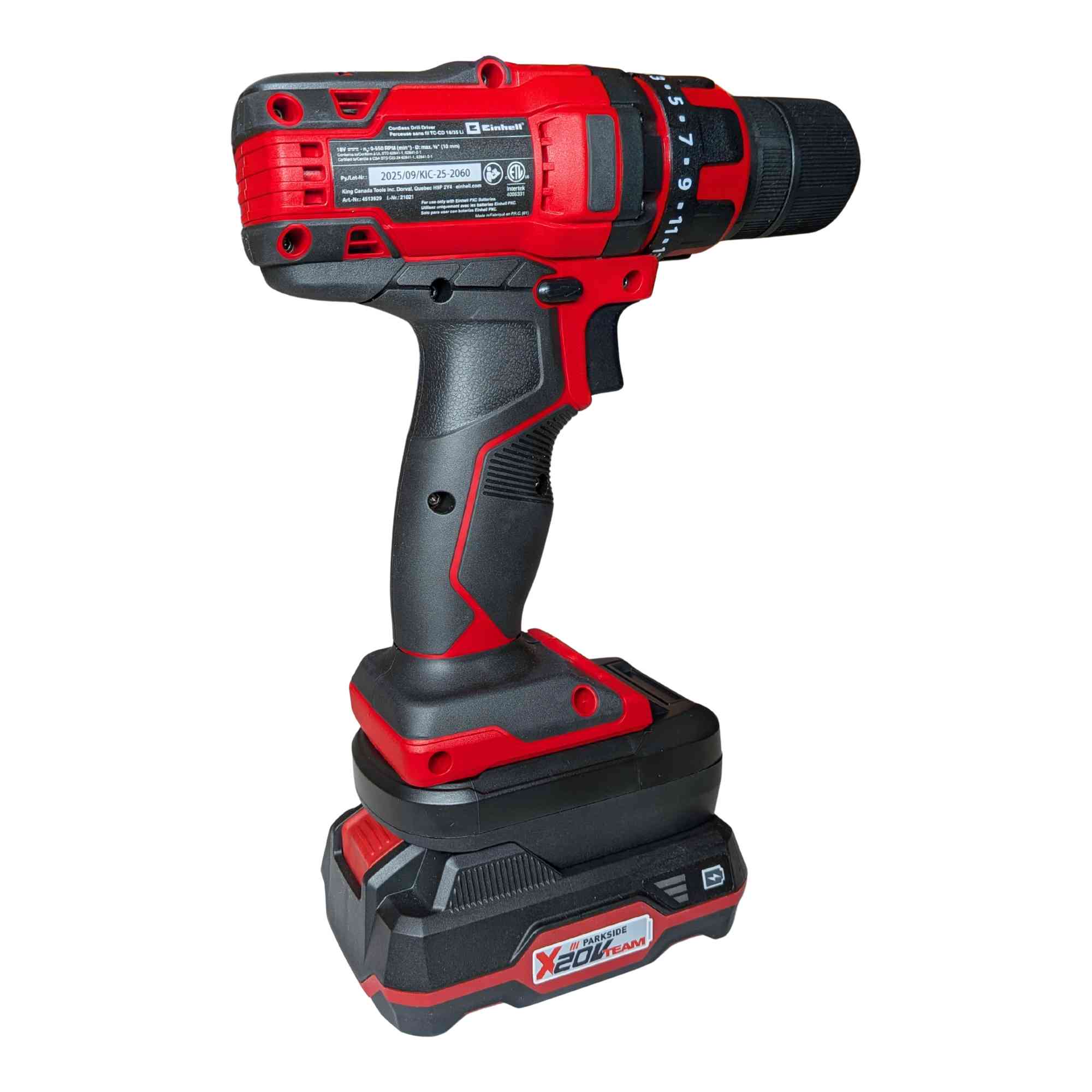 Parkside X20V to Einhell 18V PXC battery adapter - rear view installed on a drill over the battery pack