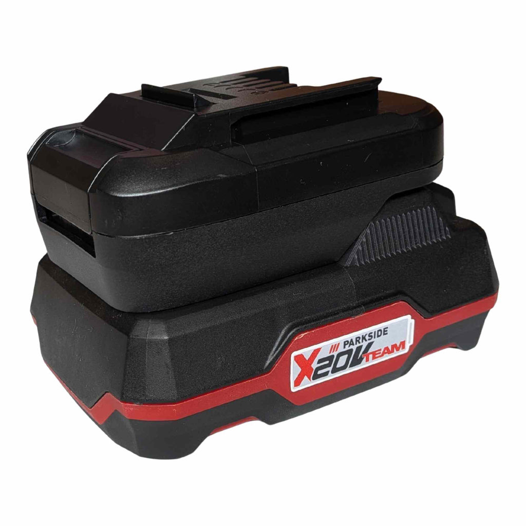 Parkside X20V to Einhell 18V PXC battery adapter - fitted to the Parkside X20V battery, Einhell tool-side connection upward