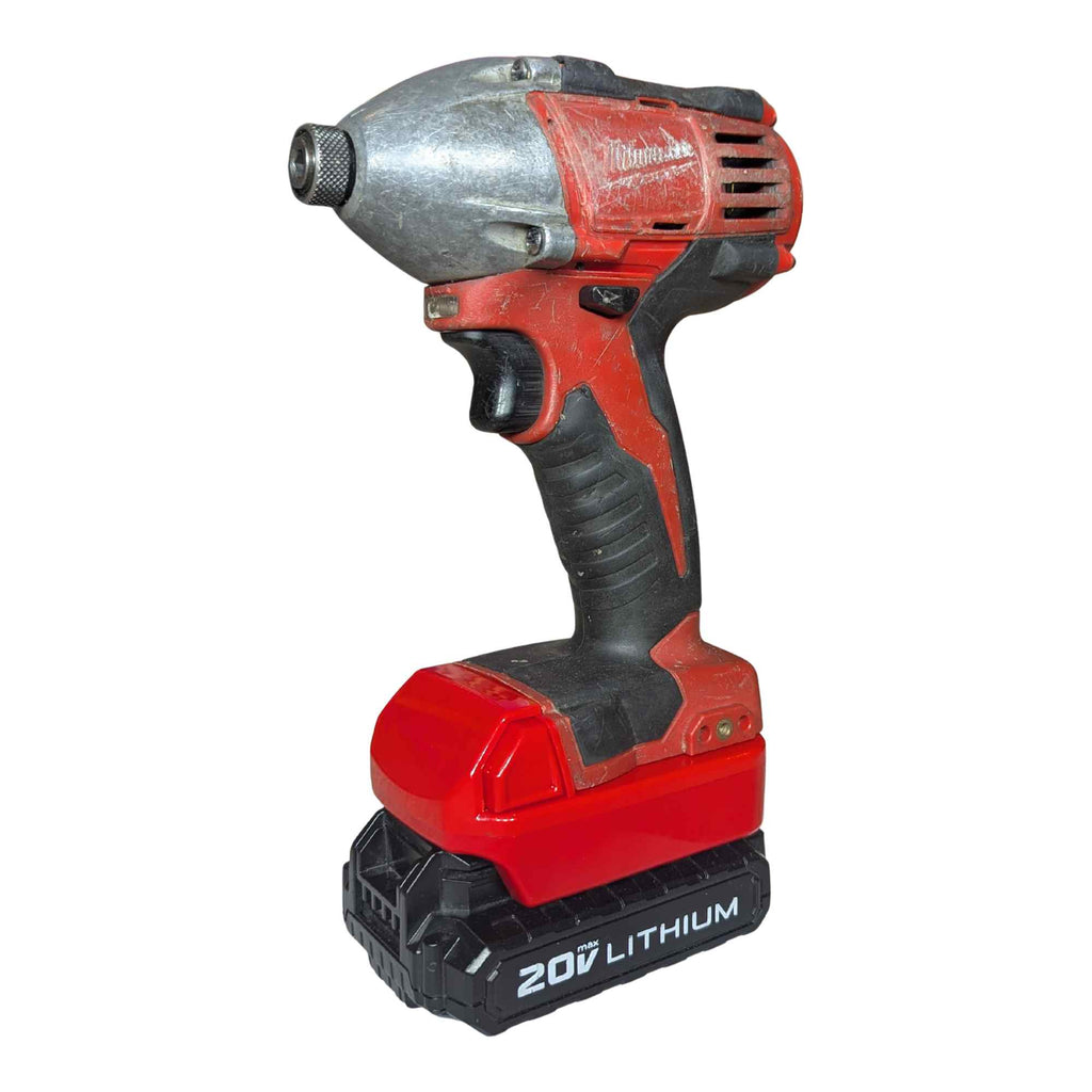 Porter Cable 20V to Milwaukee M18 battery adapter - installed on an impact driver, battery fitted below
