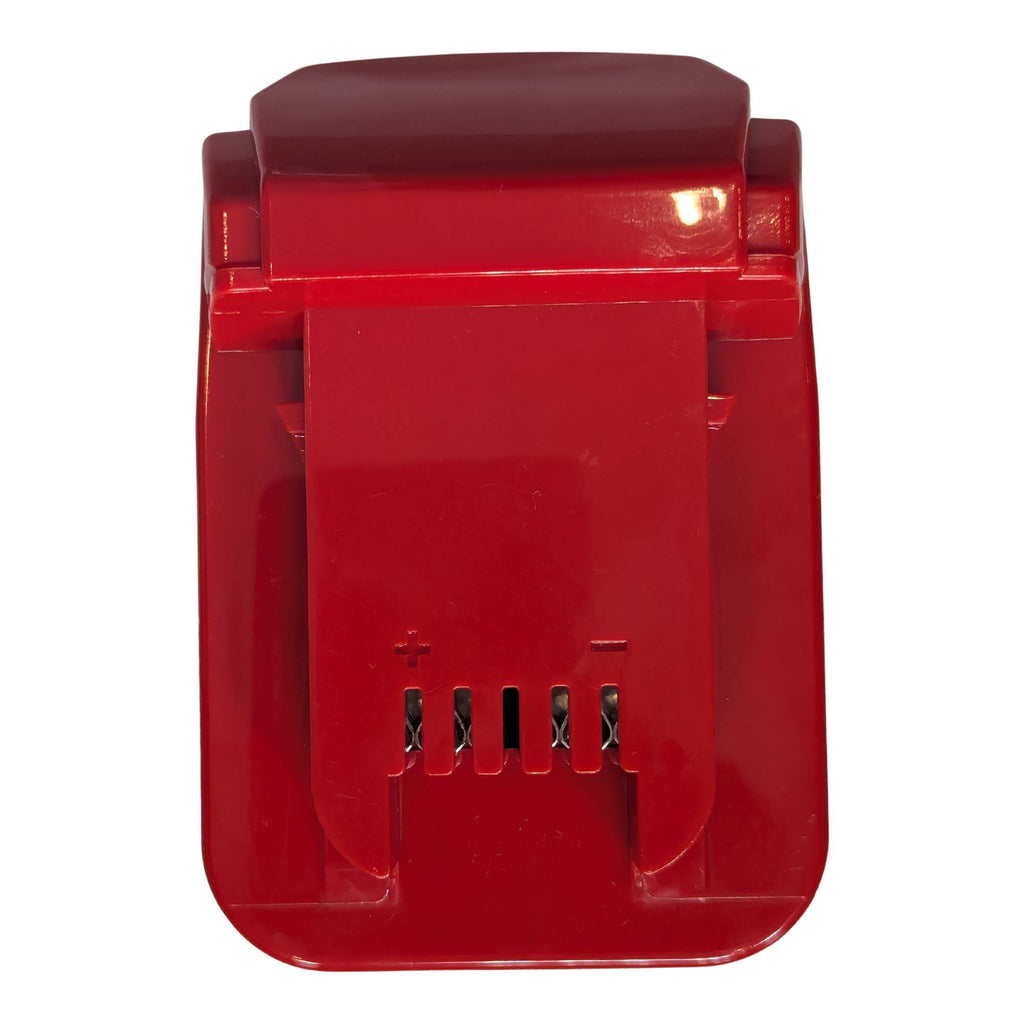 Porter Cable 20V to Milwaukee M18 battery adapter - tool-side connection straight on, terminal comb with + and - marks