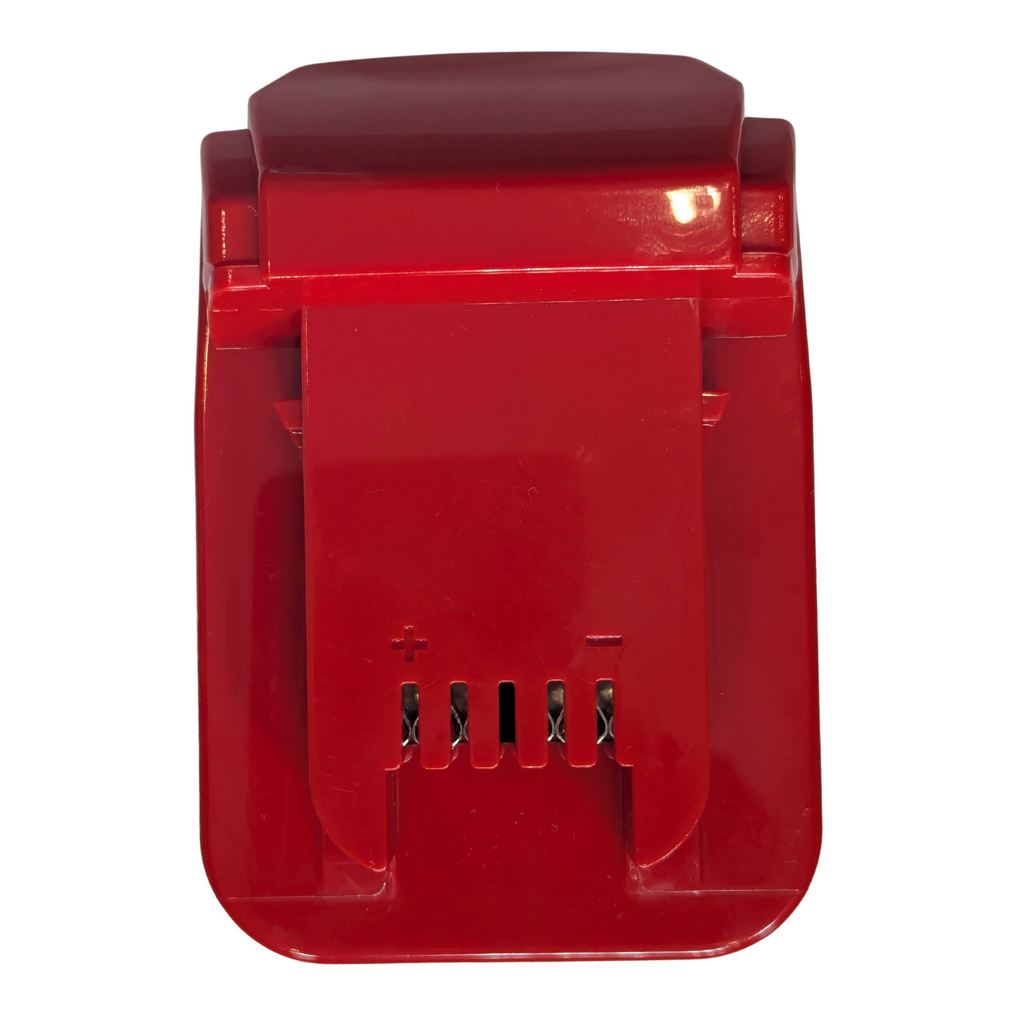 Porter Cable 20V to Milwaukee M18 battery adapter - tool-side connection straight on, terminal comb with + and - marks