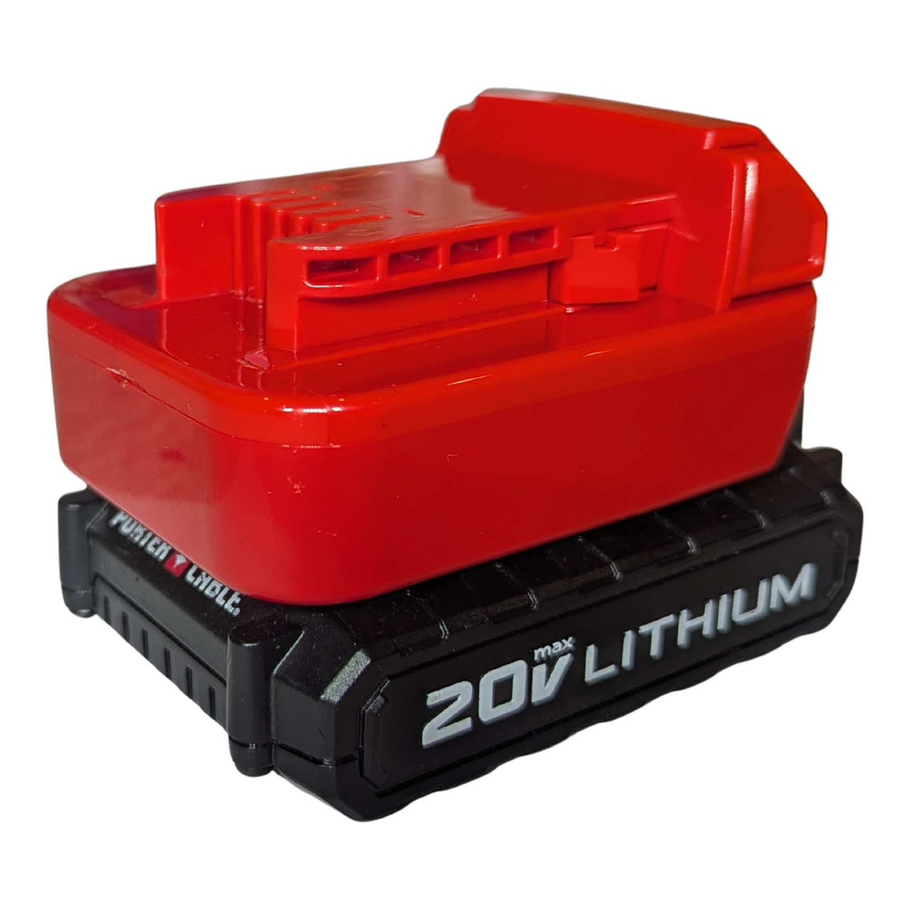 Porter Cable 20V to Milwaukee M18 battery adapter - fitted to the Porter Cable 20V battery, tool-side connection facing up