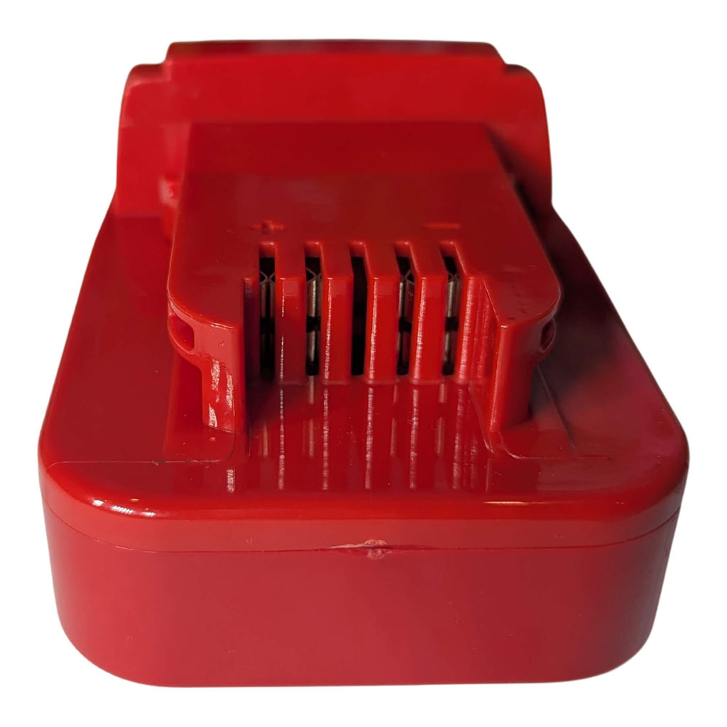 Porter Cable 20V to Milwaukee M18 battery adapter - end view of the tool-side terminal comb, + and - polarity marks